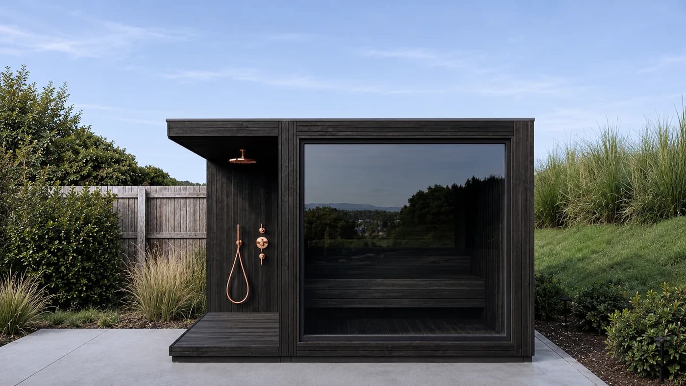 The Premium External Sauna, a garden sauna with a wide panoramic window, charred timber cladding and a copper outdoor shower