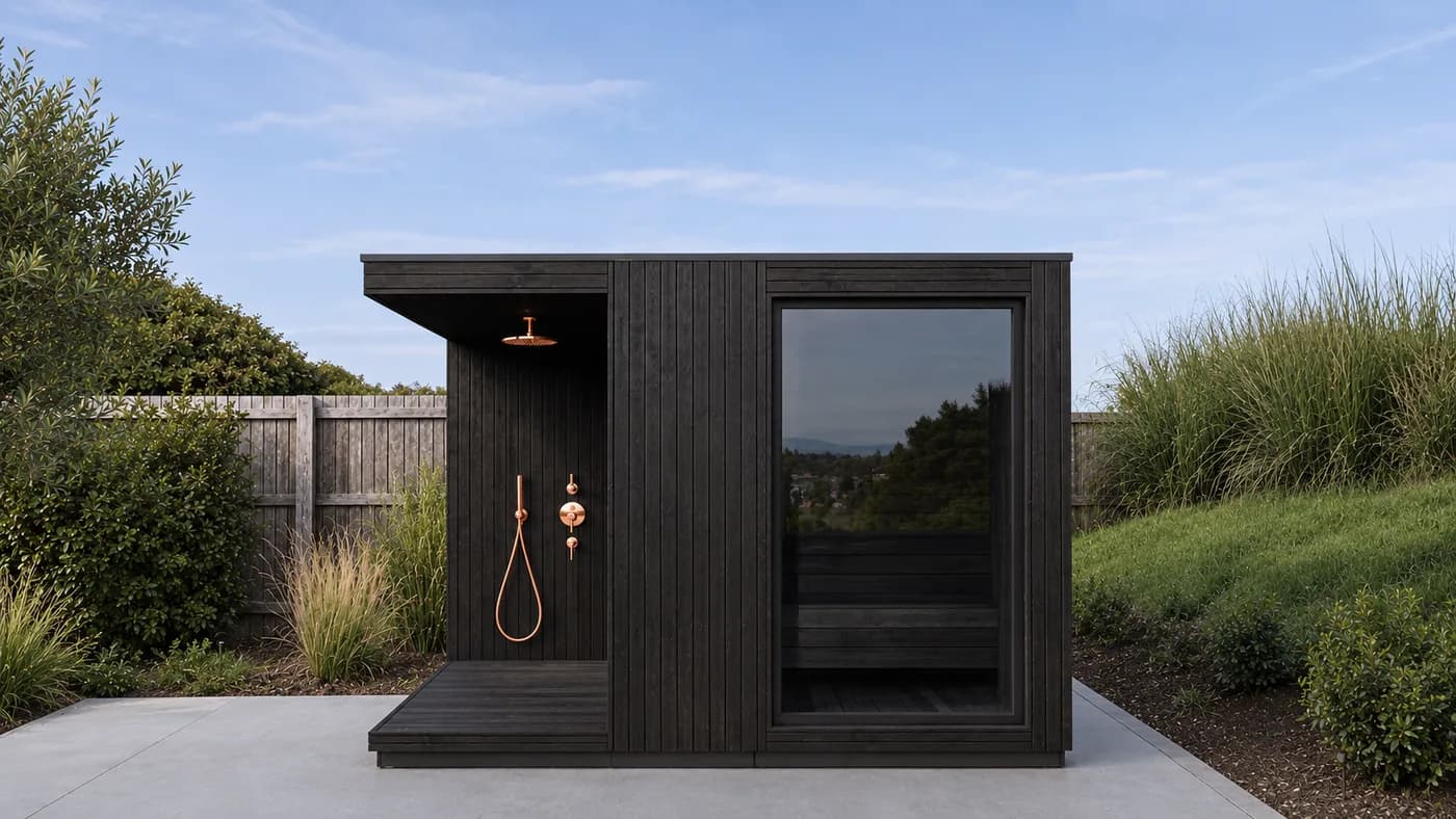 The Premium External Sauna, a garden sauna with a tall window, charred timber cladding and a copper outdoor shower