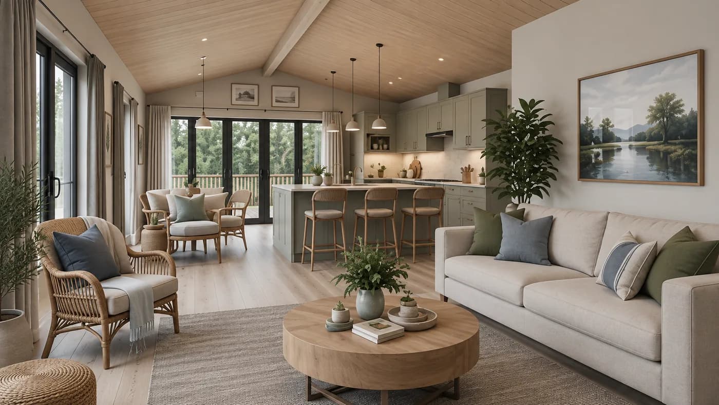 Forest and Shore interior: light oak vaulted ceiling, sage kitchen with island and rattan seating