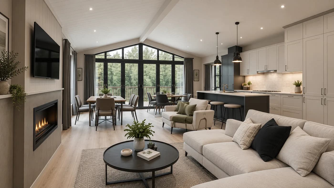 Nordic Luxe interior with a grey shaker kitchen, inset fire and full-height glazing