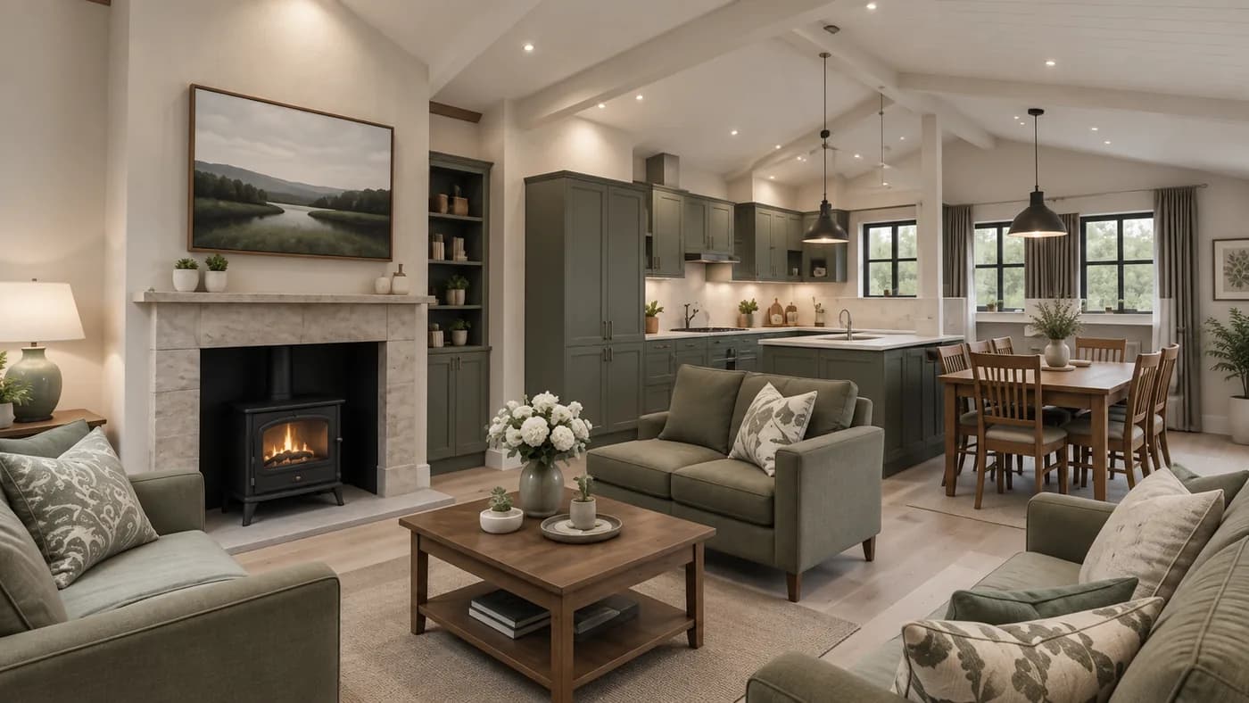 Willow and Stone interior with a stone fireplace, wood-burning stove and olive shaker kitchen