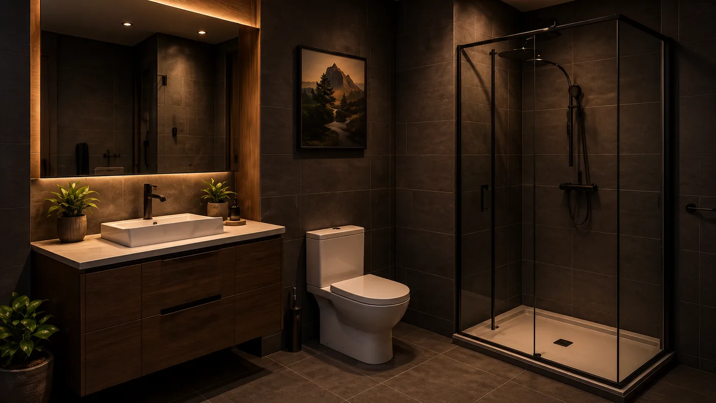 En-suite shower room with dark stone tiles and a backlit mirror