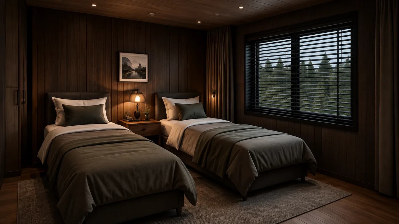 Twin bedroom with timber panelling and a forest view