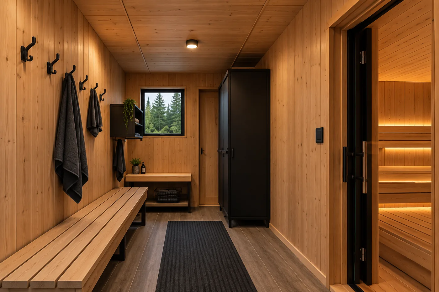 Change room with timber bench, hooks and a locker, with the sauna door open