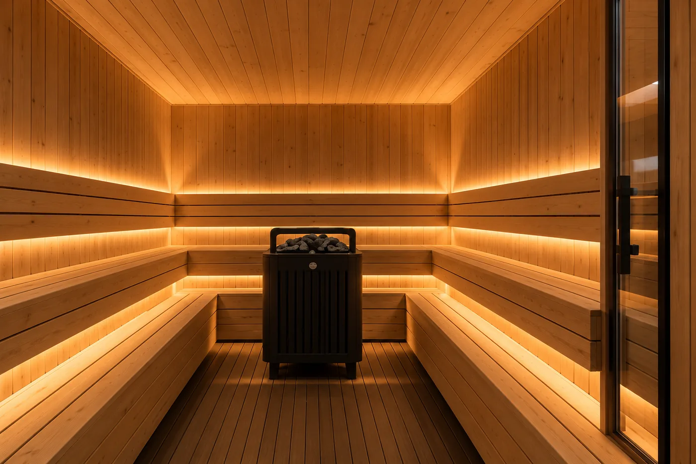 Sauna interior with tiered timber benches, warm LED lighting and an electric heater