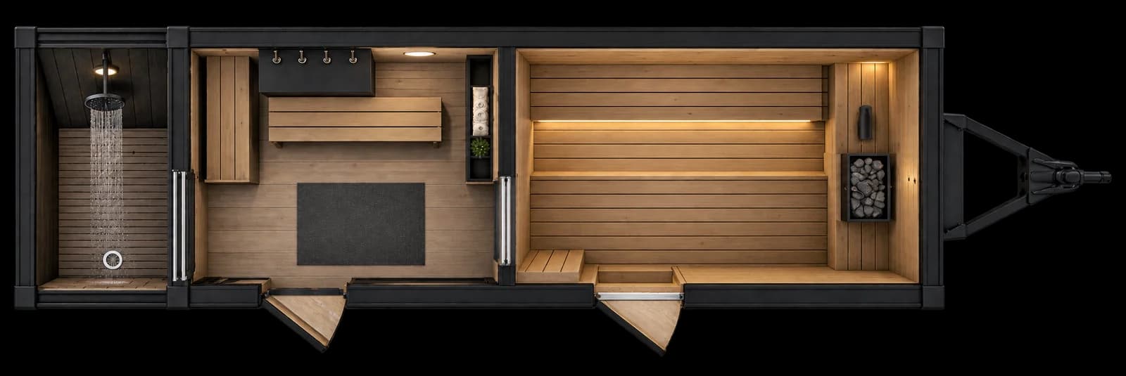 Top-down floor plan of the Mobile Wellness Unit: covered outdoor shower, change room with bench and hooks, and a sauna with tiered benches and heater, on a tandem axle trailer
