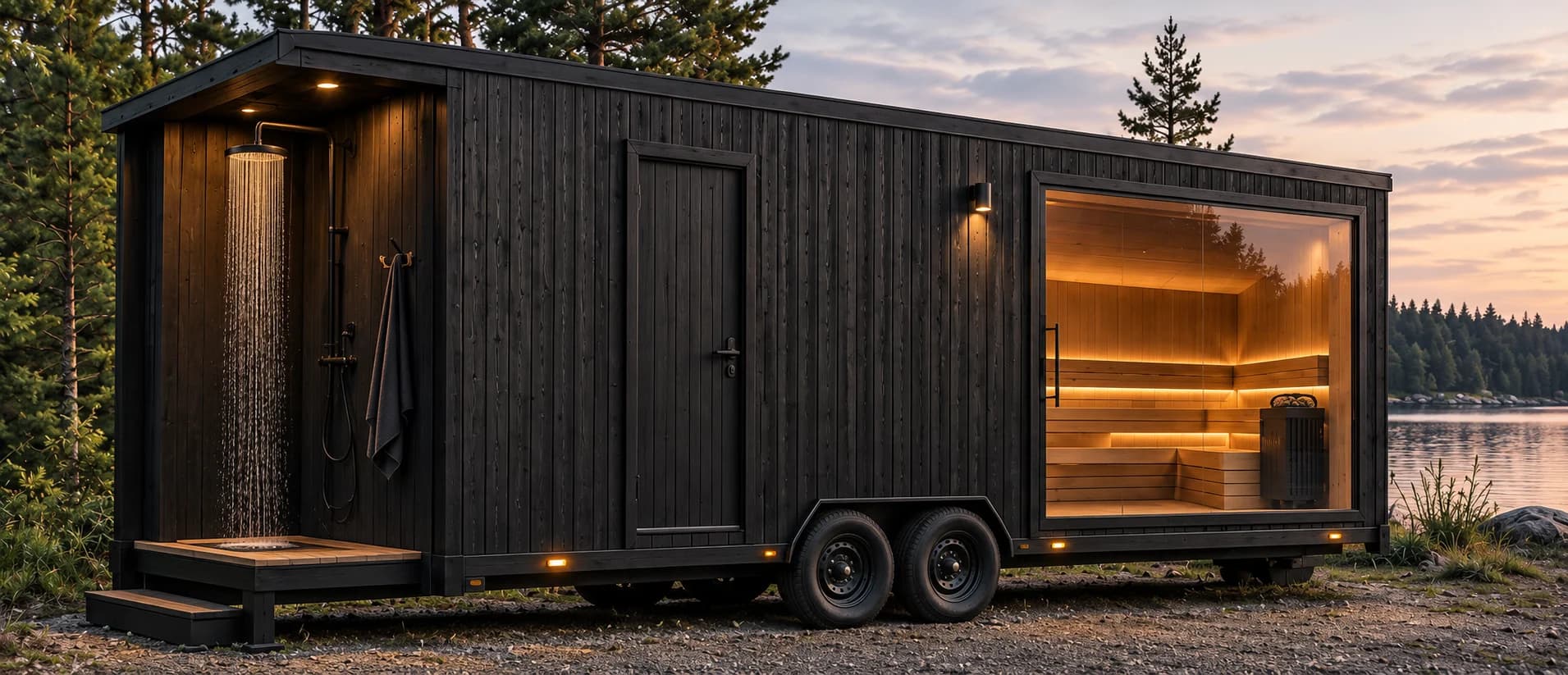 The MBS Mobile Wellness Unit beside a lake at sunset, its panoramic window glowing