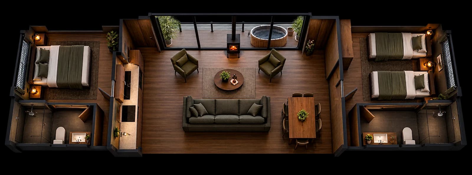 Top-down floor plan of the signature two-bedroom luxury lodge with master en-suite, twin bedroom, bathroom, kitchen, central lounge with log burner, dining area and a deck with hot tub
